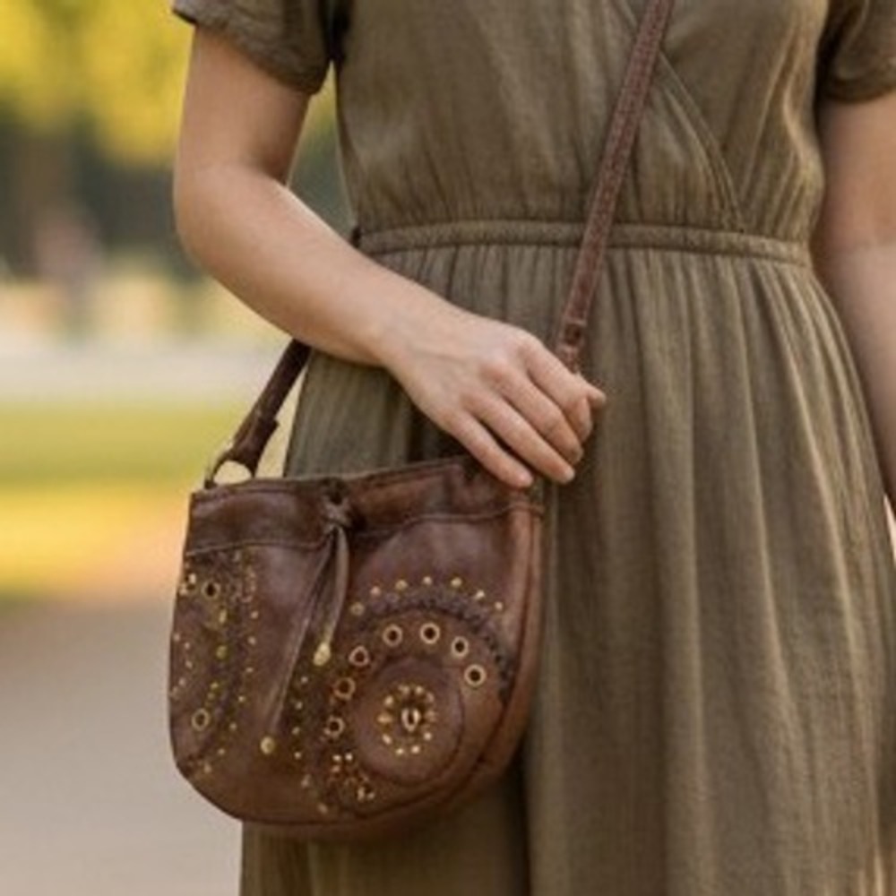 Fossil Brown Leather Crossbody Bag Boho Embroidered Small Messenger Handbag